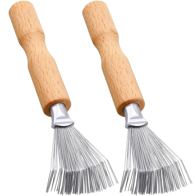 Boao Hair Brush Cleaner, 2 Pieces Mini Hair Dirt Remover Brush with Metal Wire Rake, Wooden Handle for Home and Salon Use(Handle with Groove) | Hair Brush Cleaner Tool，Comb Rake Cleaning Kit, Removes Hair Lint Dirt, Grooved Grip Handle, Salon Home Use