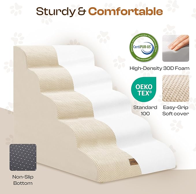 Extra Wide Dog Stairs for Large Dogs Up to 80lbs, 25" Pet Steps for High Bed with Washable Cover, 5-Step Foam Bed & Couch Ladder for Small Medium Dogs & Senior Cat, Beige