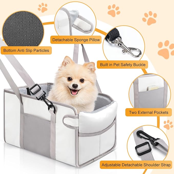 Portable Dog Car Seat for Small Dogs, Puppy Car Seat, Beige | Booster Seat With Safety Leash & Adjustable Straps Keeps Small Dogs Secure. Removable Washable Cushion. Fits Most Cars.