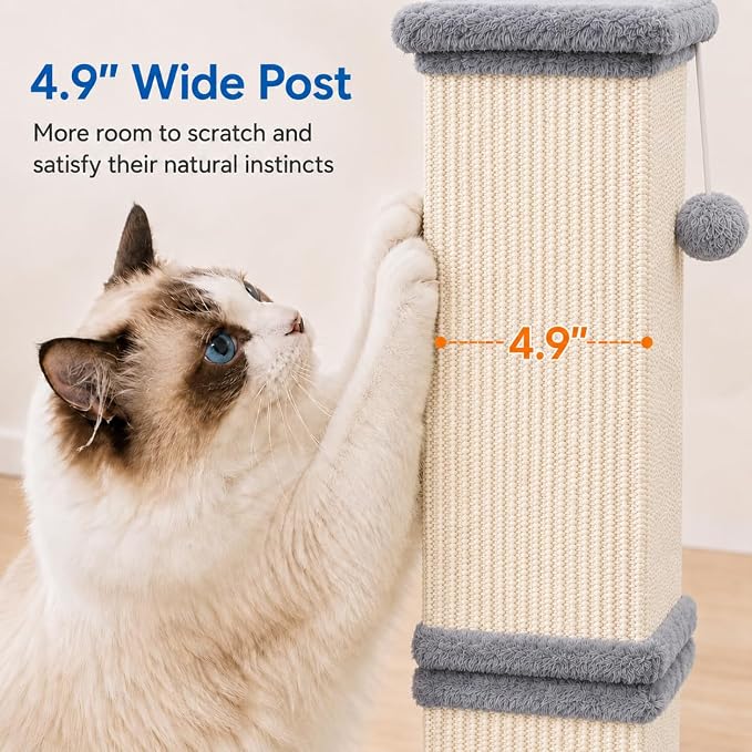Vertical Cat Scratching Post for Indoor Cats, Sisal Scratch Tower with Soft Plush Base & Ball, 32'' Tall Cat Scratcher Column for Kittens and Adult Cats, Furniture Protection, Light Grey