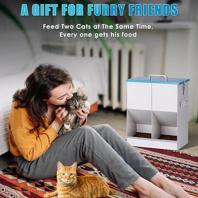 Automatic Cat Feeder Outdoor Dog Dry Food Dispenser Gravity Cat Feeder Pet Feeder for 2 Feral Barn Cats, 42cups/10L Dual