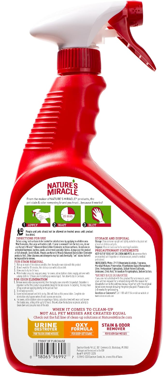 Nature's Miracle Advanced Cat Stain and Odor Eliminator Spray, Severe Mess Enzymatic Formula For Tough Pet Messes, 32 oz