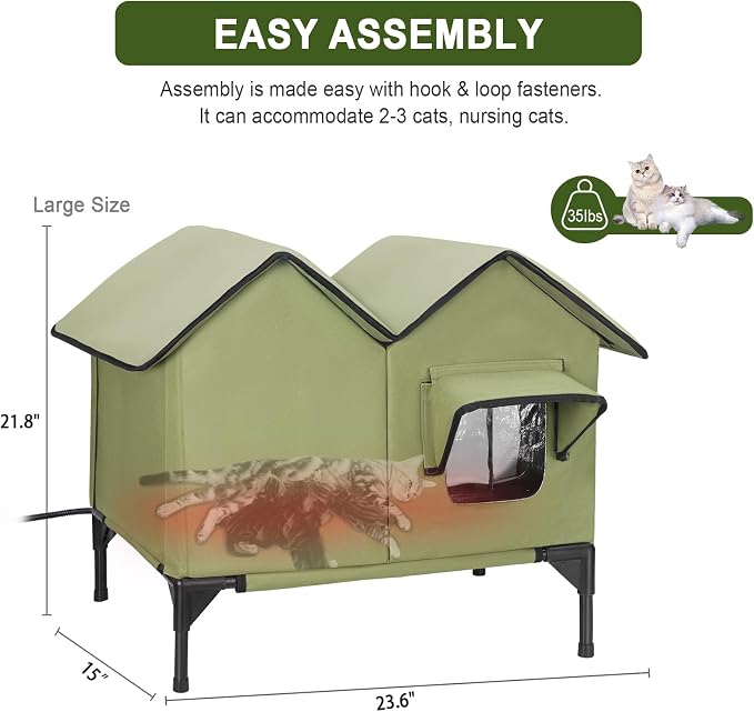Heated Cat House, Large Heated Outdoor Cat House Weatherproof for Winter, Elevated Waterproof Insulated Cat Houses for Outdoor Cats, Comfortable and Warm Feral Cat Shelter (Green)