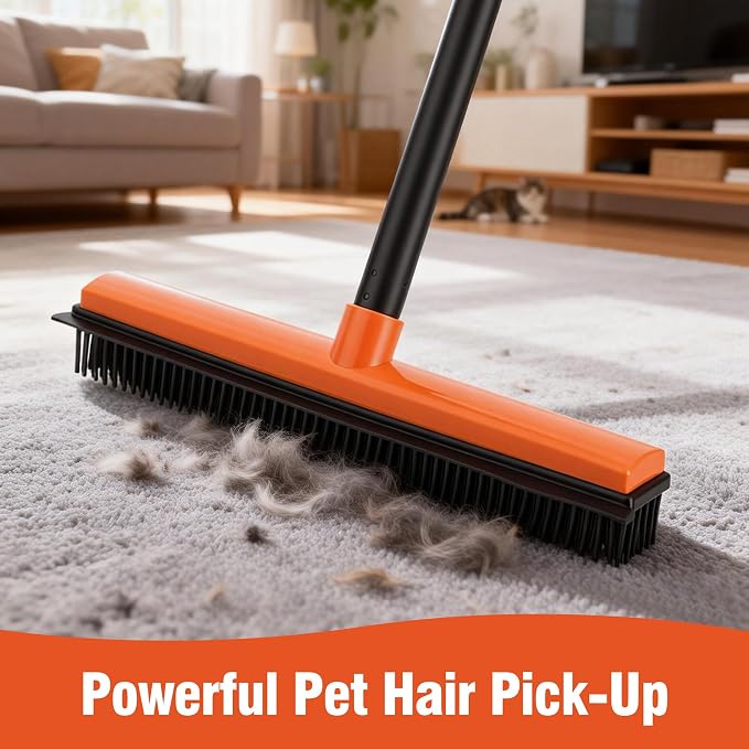 CLEANHOME Rubber Broom for Pet Hair on Carpet & Hardwood | With squeegee, removes pet hair from carpets & stairs, rubber bristles, works on hardwood & tile, adjustable handle