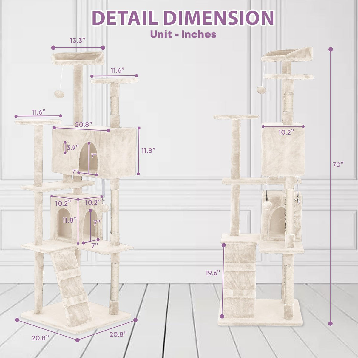 70 Inches Cat Tower for Indoor Cats Multi-Level Cat Condos XL Cat Tree Climbing Tower with Scratching Posts, Hanging Toys, Beige