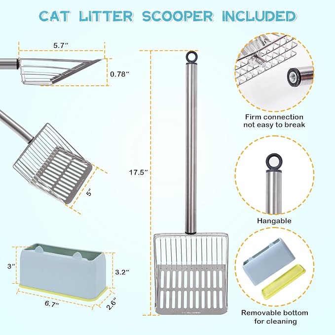 PETOCAT Metal Cat Litter Scoop with Holder Stainless Steel Kitten Poop Scooper, 17.5" Heavy Duty Pet Poop Sifter for Cat Box, Long Handle Large Waste Shovel, Fast Sifting Big Clumps, Solid & Durable