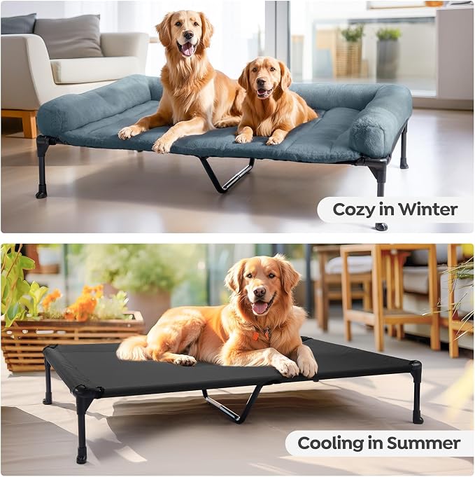 Veehoo Elevated Dog Beds Large Sized Dog with Fluffy Plush Bolster Cushion | Orthopedic Raised Dog Beds for Indoor Outdoor, Soft Pet Sofa Cot with Removable Washable Mat, No-Slip Feet, 49" x 33", Blue