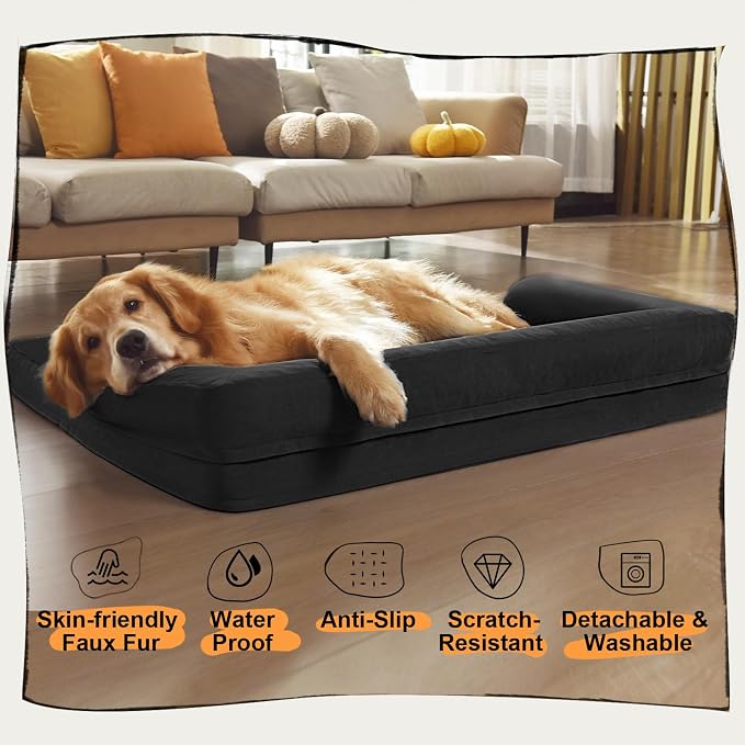 Orthopedic XL Dog Bed with Bolster for Extra Large Size Dogs | Pillow Support for Neck Relief, Egg Crate Foam, Skin-Friendly Surface, Waterproof Liner, Anti-Slip Bottom, 42 x 30 Inch