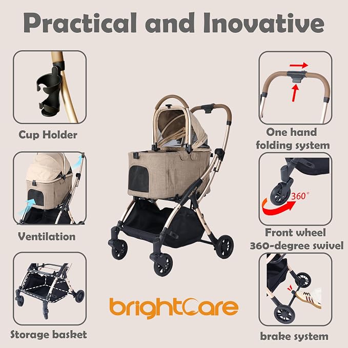 Auto-Folding Pet Stroller with Detachable Carrier, One-Hand Fold Frame & Carrier, Supports up to 33 lbs, Beige