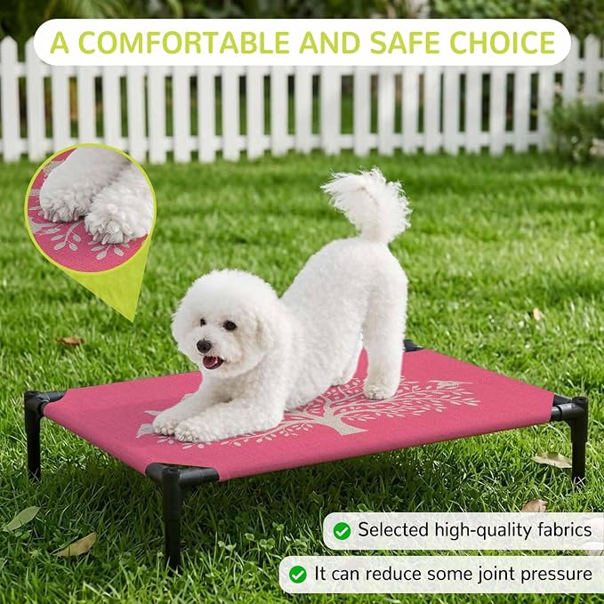 Outdoor Elevated Dog Bed for Large Dogs, Black Tree Breathable Cooling Raised Dog Cot for Indoor/Outdoor, Birds Vintage Farmhouse Pink Waterproof Elevated Pet Beds, L 28 x 22 in