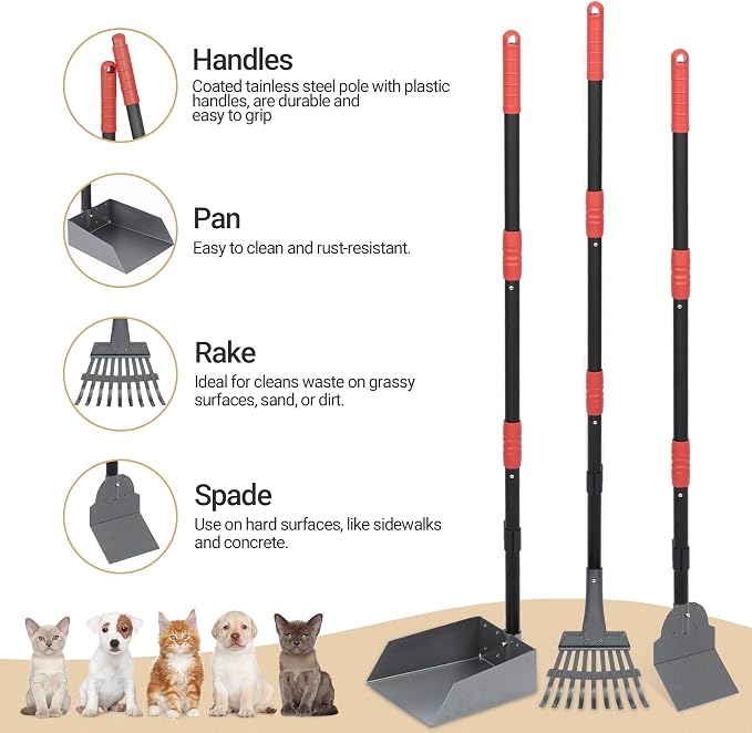 Dog Pooper Scooper, Dog Poop Tray and Rake Set with Long Stainless Handles | Pet Waste Removal Scoop with Adjustable Sectional Handles