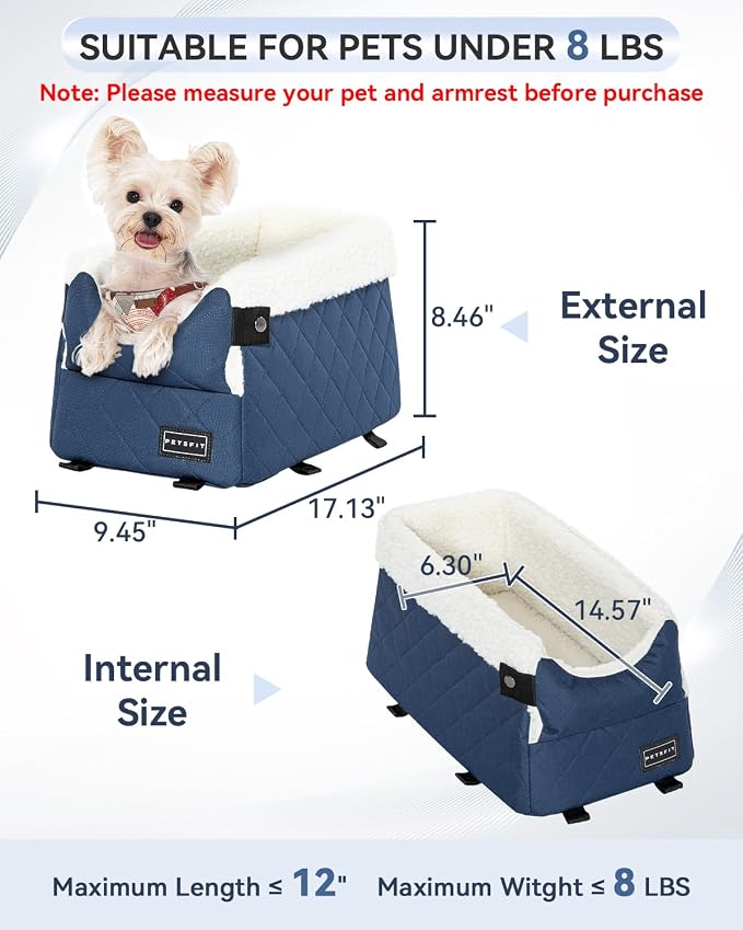 PETSFIT Puppy Car Seat with Washable Cushion, Soft Pillow, Safety Leash | Dual Seat-rail Hooks with Adjustable Straps Help Reduce Shifting, Dog Console Car Seats for Small Dogs Under 8 lbs,Blue