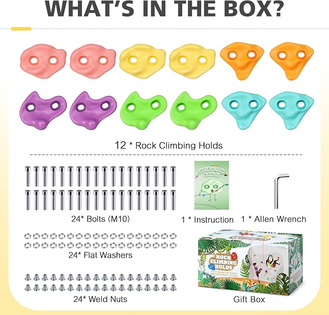 TOPNEW 12PCS Climbing Holds for Kids, Rock Wall Climbing Kit with Hardware for Indoor and Outdoor Climbing Wall, Pastel Color