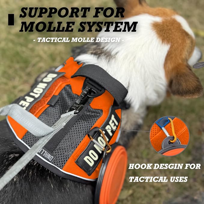 Tactical Dog Harness for Small and Medium Breeds, Air Dog Vest No Pull with Reflective Do Not Pet Patches, Breathable Dog Molle Vests for Training Walking Hunting Orange