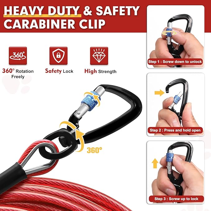 Snagle Paw Dog Leads for Yard 50FT-1000LBS Break Strength,Heavy Duty Tie Out Cable for Dogs with Swivel Lockable Hook & Spring,Chew Proof Dog Chain for Outside,Dog Run Cable for Medium Large Dogs