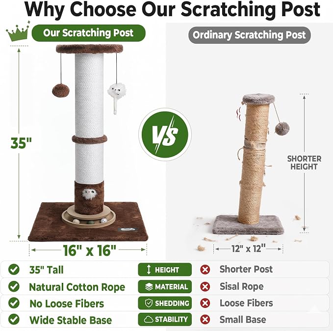 35-Inch Tall Cat Scratching Post, Stable Base for Large Cats, Brown | Heavy-Duty, Soft Natural Cotton Rope Cat Scratcher, Interactive Cat Toys, Wooden Ball Track, for Kittens and Indoor Cats