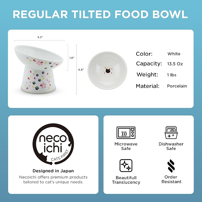 Necoichi Raised Cat Food Bowl – Ceramic Elevated 15° Tilted Cat Bowl for Whisker & Neck Fatigue, Dishwasher Microwave Safe – Non-Slip & Anti Vomiting Ergonomic Design (Sakura, Regular Tilted)