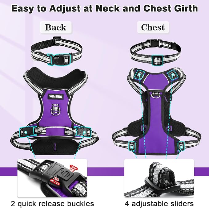 Dog Harness No Pull, Pet Harnesses with Dog Collar, Adjustable Reflective Oxford Outdoor Vest, Front/Back Leash Clips for Small, Medium, Large, Extra Large Dogs, Easy Control Handle for Walking