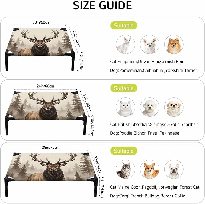 Outdoor Elevated Dog Bed for Medium Dogs, Brown Elk Breathable Cooling Raised Dog Cot for Indoor/Outdoor, Farm Pine Forest Tree Wildlife Rustic Waterproof Elevated Pet Beds, M 24 x 20 in