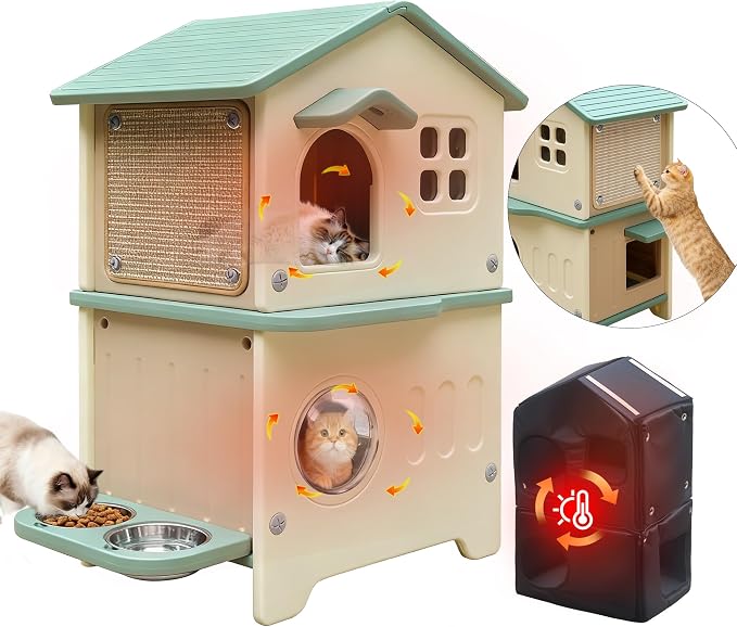 Insulated Cat House Outdoor Plastic Cats Shelter Outside with Cat Bowls | Weatherproof, Durable Plastic, with Elevated Cat Bowls, Cat Scratch Pad , Escape Door, 2-Story, Waterproof ,for Multiple Cats
