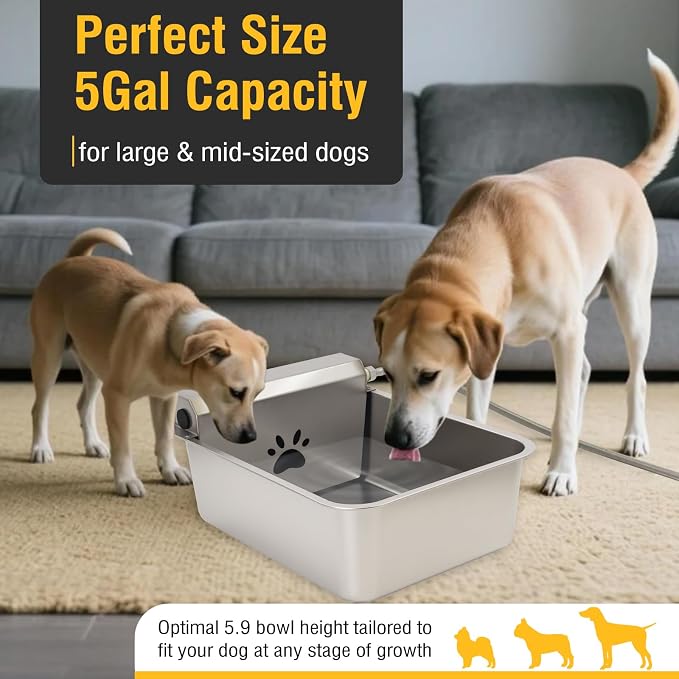 5Gal/20L Automatic Dog Water Dispenser, 78.7" Hose Stainless Steel Bowl | X-Large Auto-Fill, Float Valve Dog Water Bowl, Anti Tip Fit 3/4'' GHT Outdoor/Indoor Faucet for Livestock Animal Drinking