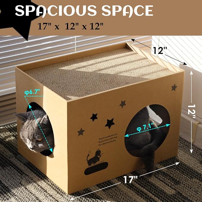 Cat Cardboard House with 2 PCS Scratching Pads，Large Cat Scratcher Bed Cat Scratchers Lounge for Indoor Cats with Corrugated Board Detachable Cat Scratcher Box for Cats(Star)