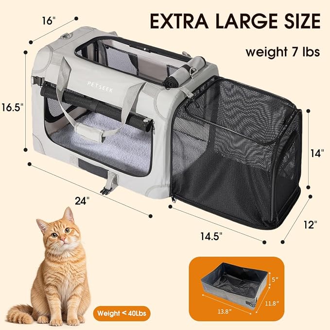 Extra Large Expandable Cat Carrier Soft Sided for Car, Portable Small Dog Carrier for 2 Cats, 24"x16.5"x16" Road Travel Folding Comfortable Design with Litter Box and Bowl