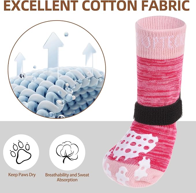 PUPTECK Anti-Slip Dog Socks with Double Sides Grips for Small Medium Large Dogs Hardwood Floors Prevents Licking, Dog Shoes for Hot Pavement Traction Control for Senior Dogs, Fuschia, XL