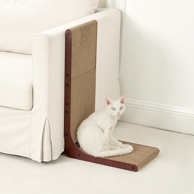 EHEYCIGA Cardboard Cat Scratcher for Indoor Cats, 32 Inch L Shaped Vertical Cat Scratching Board with Ball Cat Toy, Extra Large Cat Scratcher Pad, Dark Brown