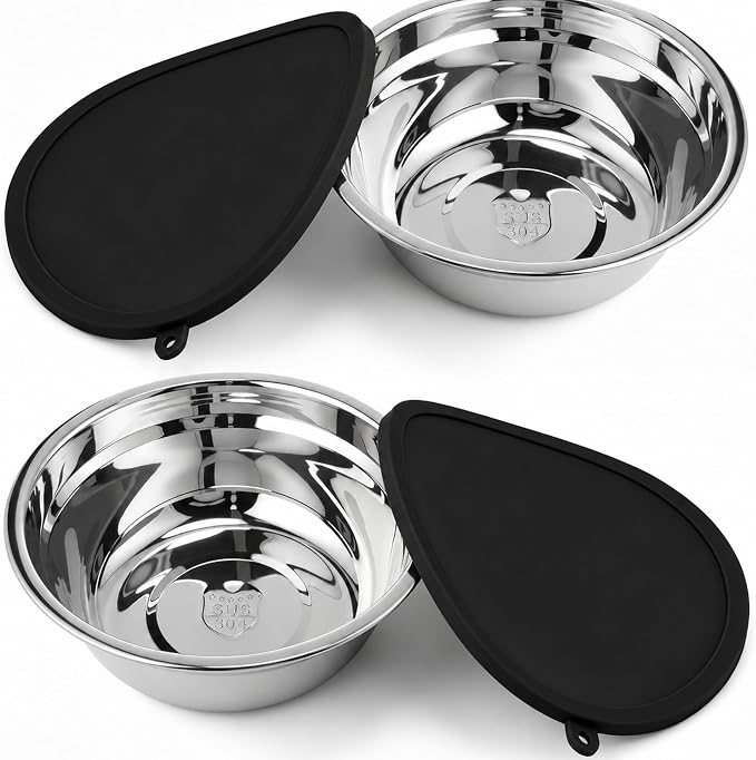 Patelai 4 Pcs Stainless Steel Dog Bowls 7.9" with Silicone Lids Portable Food and Water Dishes for Pets Sealable Containers for Small Medium Dog Cat Indoor (Black)
