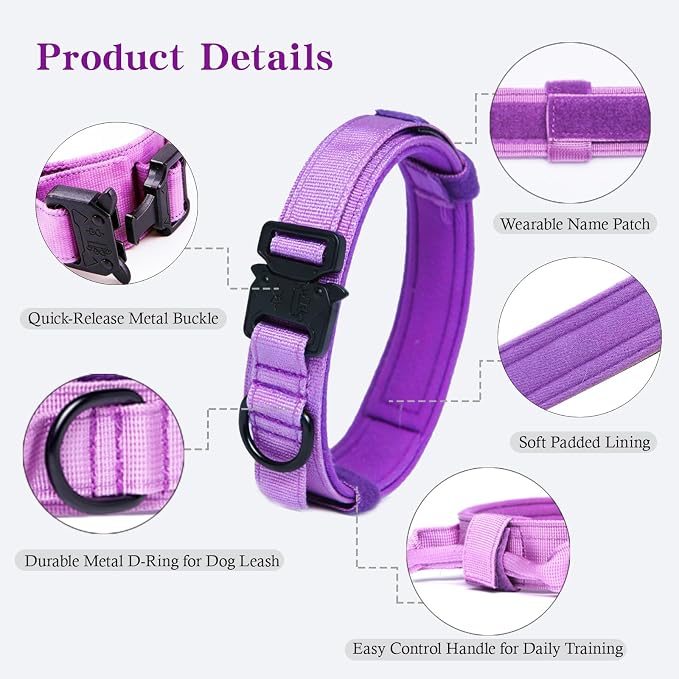 Tactical Dog Collar for Large Dogs with Control Handle,Purple,XL | 1000D Heavy-Duty Nylon Fabric,Quick-Release Metal Buckle,Adjustable Fit,Soft-Padded Webbing,D-Ring,for Training & Hiking