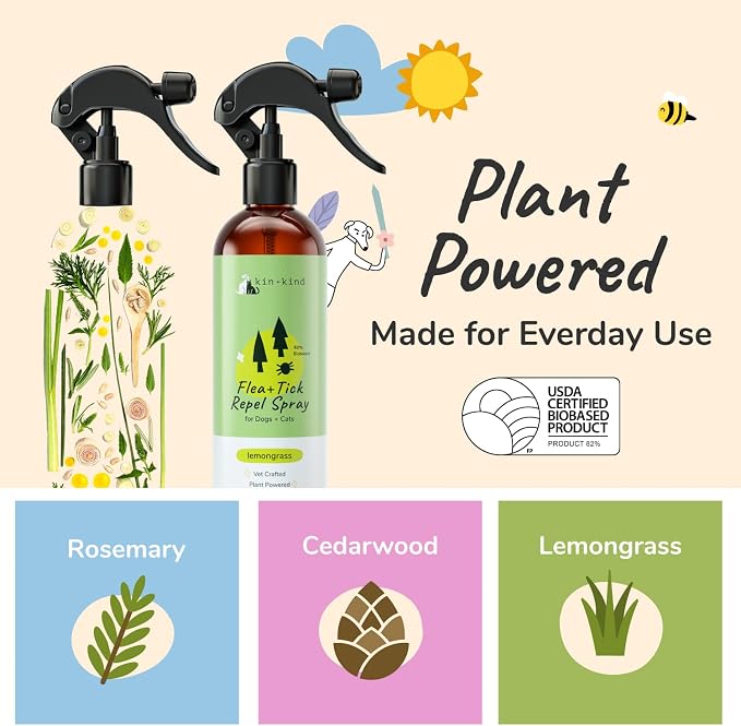 kin+kind Natural Flea and Tick Prevention for Dogs & Cats, Non-Greasy Coat Spray, Lemongrass, Vet-Formulated, 32 fl oz