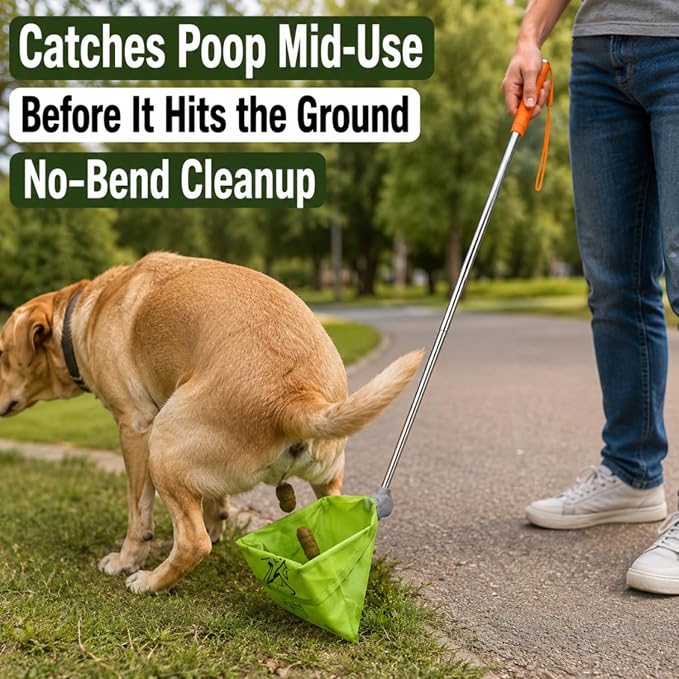 Telescopic Pet Poop Catcher - Foldable & Lightweight for Easy Carry, Long Handle No-Bend Dog Poop Scooper Compatible with Disposable Trash Bags, Compact Extendable Waste Scoop for All Breeds and Sizes