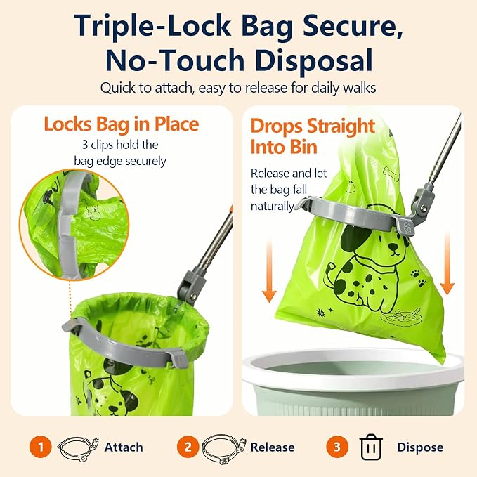 Dog Pooper Scooper with Bags, Long Handle No-Touch Dog Waste Picker Tool | With 30 Rolls Poop Bags, 47 Inch Extendable Handle, No Bending Cleanup, Portable Pooper Scooper for Yard, Walks and Travel