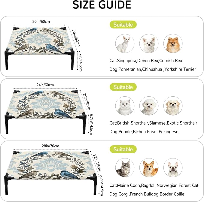 Outdoor Elevated Dog Bed for Medium Dogs, Blue Floral Breathable Cooling Raised Dog Cot for Indoor/Outdoor, Rustic Birds Flowers Vintage Branch Garland Waterproof Elevated Pet Beds, M 24 x 20 in