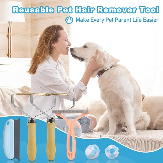 Pet Hair Removal Tool: 6 Pcs Dog Cat Hair Remover - Reusable Pet Hair Remover with Laundry Pet Hair Catcher - Portable Carpet Rake Scraper Fur Removal Tool for Rugs Car Mats Couch Furniture