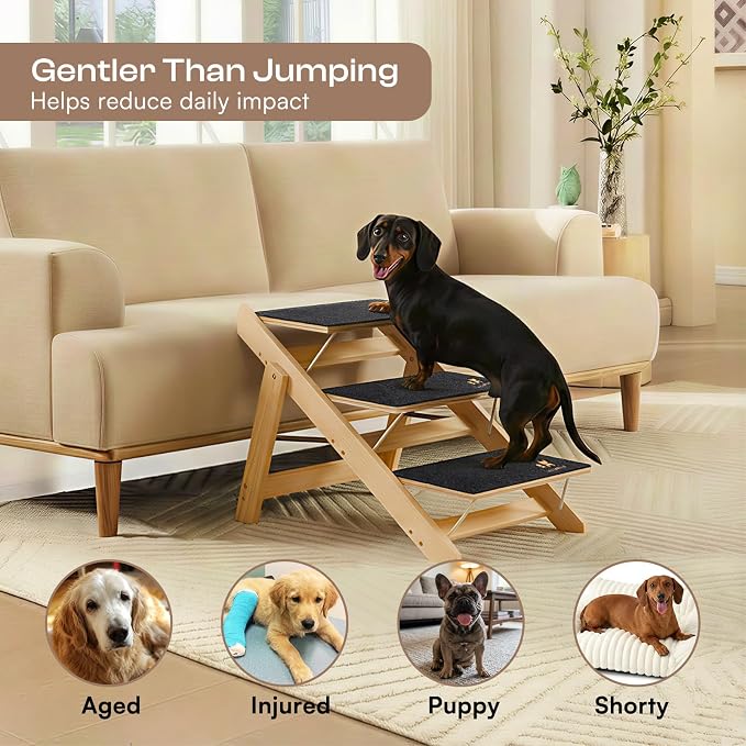 Luciphia Wooden 2-in-1 Dog Stairs, 4-Step Foldable Anti-Slip Pet Steps | For beds, cars, and couch, supports up to 220lbs, ideal for small, aged, and injured dogs and cats, indoor and outdoor use