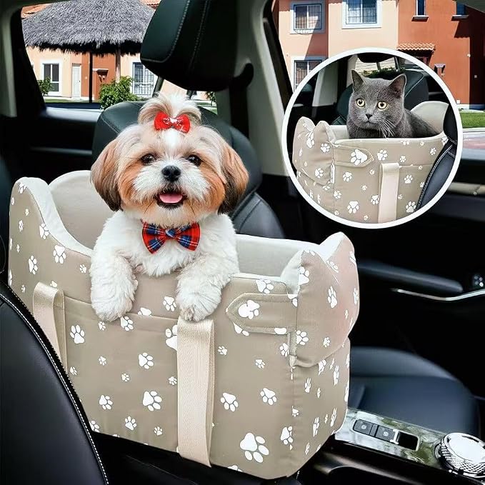 Dog Car Seat for Small Dogs (Under 15 lbs) – Center Console Pet Carrier with Safety Belt, Storage Pockets & Removable Washable Cover (Khaki Car Seat)