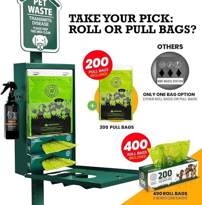 ALAGPRO® NEW 2026 Dog Waste Station Outdoor Pet Waste Station with Hand Sanitizer Bottle, Commercial Dog Poop Station with Free 400 Roll, 200 Pull Waste Bags & 50 Can Liners for Backyard, Park & HOA's