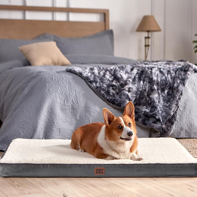 EHEYCIGA Orthopedic Dog Bed Large with Removable Washable Cover, 35IN Beige | Egg Crate Foam Support, Durable Oxford fabric, Non-Slip Bottom, Machine Washable, Soft Waterproof Plush Pet Bed Mat For Crate