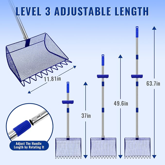2-in-1 Chicken Coop Scooper: Extra Large 12” Poop Scooper & Rake with Adjustable Handle (37”-65”) | Heavy-Duty Metal Shovel for Quick Pet Waste, Rabbit, Guinea, Barn Cleaning | US Patent Pending, Blue