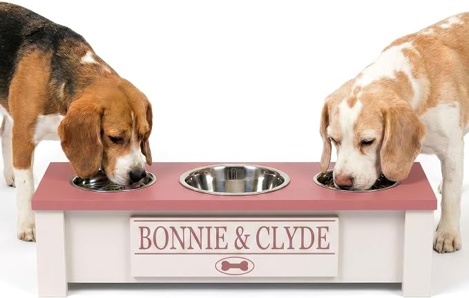 3 Bowl Dog Feeding Station, Personalized Triple Bowl Food Stand Small Dogs | Farmhouse Style, Elevated Wood Stand, Storage Container, Stainless Steel Bowls, Raised Feeder, Small Breed, Made in USA
