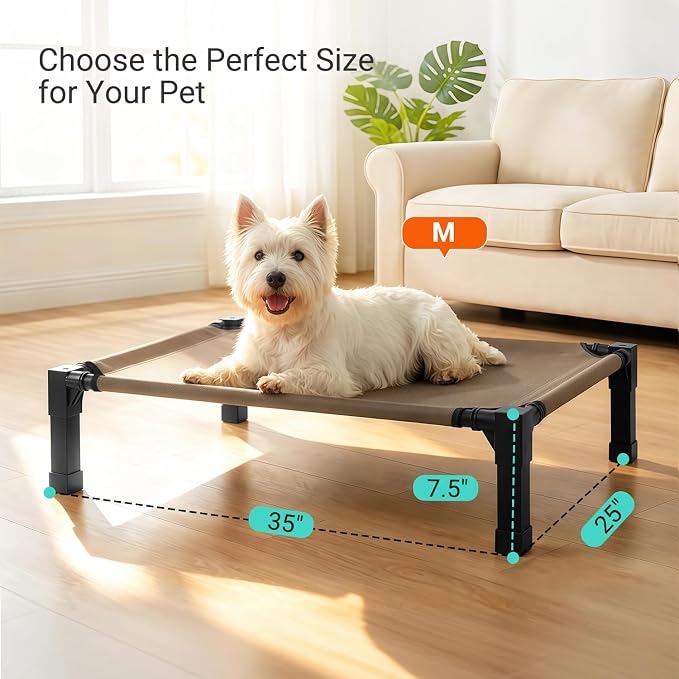 Elevated Outdoor Dog Bed, Raised Dog Bed with Steel Framed 35in | Cooling Elevated Pet Cot with Non-Slip Feet, and Waterproof, Washable, Breathable Teslin Mesh