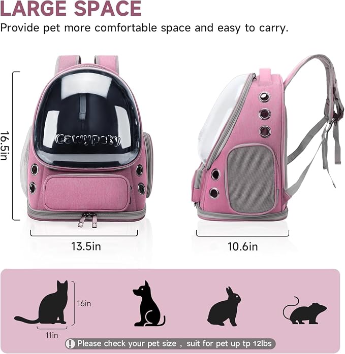 Cawypety Cat Backpack Carrier, Breathable Cat Carrier Large Space Bubble Pet Backpack for Kitty Small Dog up to 12lbs, Transparent & Foldable Pet Carrier for Travel Hiking（Pink）