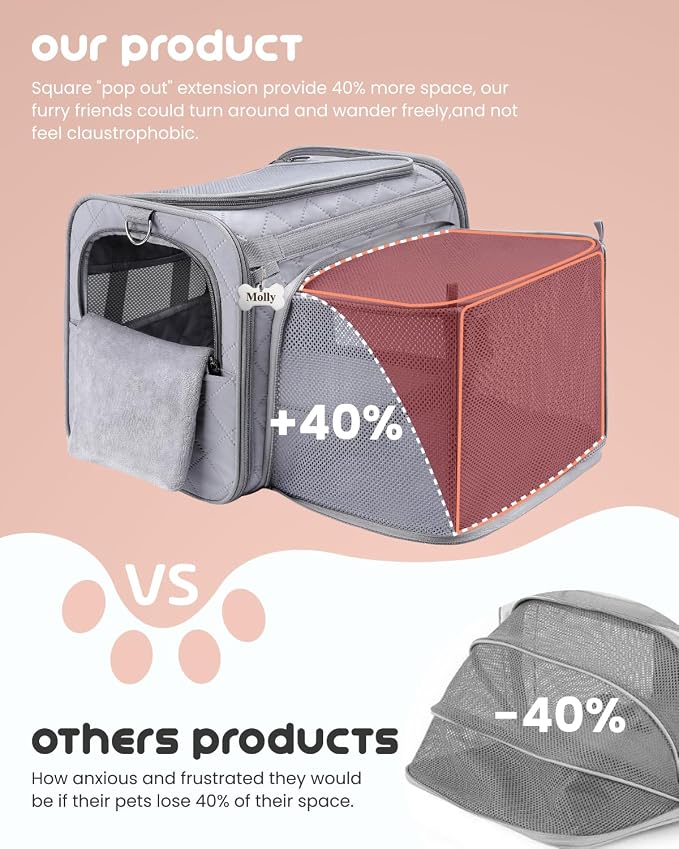 MIDOG Cat Carrier Soft for Small-Medium Cats Up to 25lbs, Airline Approved | Expandable Square Design,Comfort & Breathable Window,Equipped with anti-slip lock zippers and an internal safety leash