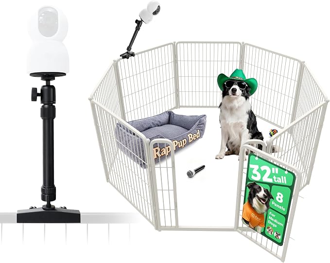 FXW Homeplus Indoor Dog Playpen with Camera Mount, 32" H, 8 Panels | Calm Indoor Play Area, Wider Viewing Angles with Stable Support, for Small & Medium Dogs, Patented