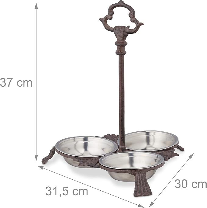 Relaxdays Cast Iron Feeding Station for Cats & Dogs, 3 Stainless Steel Bowls, Antique, Handle, Outdoor, Dark Brown, 37 x 31.5 x 30 cm