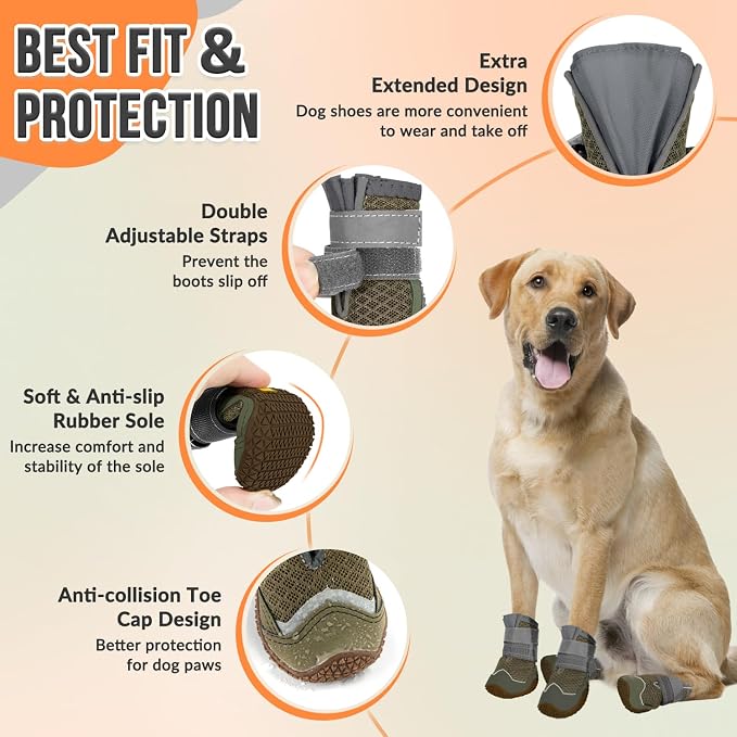SlowTon Dog Shoes for Large Small Medium Dogs - Breathable Dog Boots for Summer Hot Pavement, Paw Protector for Outdoor Walking Winter Snow, Anti-Slip Rubber Dog Booties for Hardwood Floor (Brown, 3)