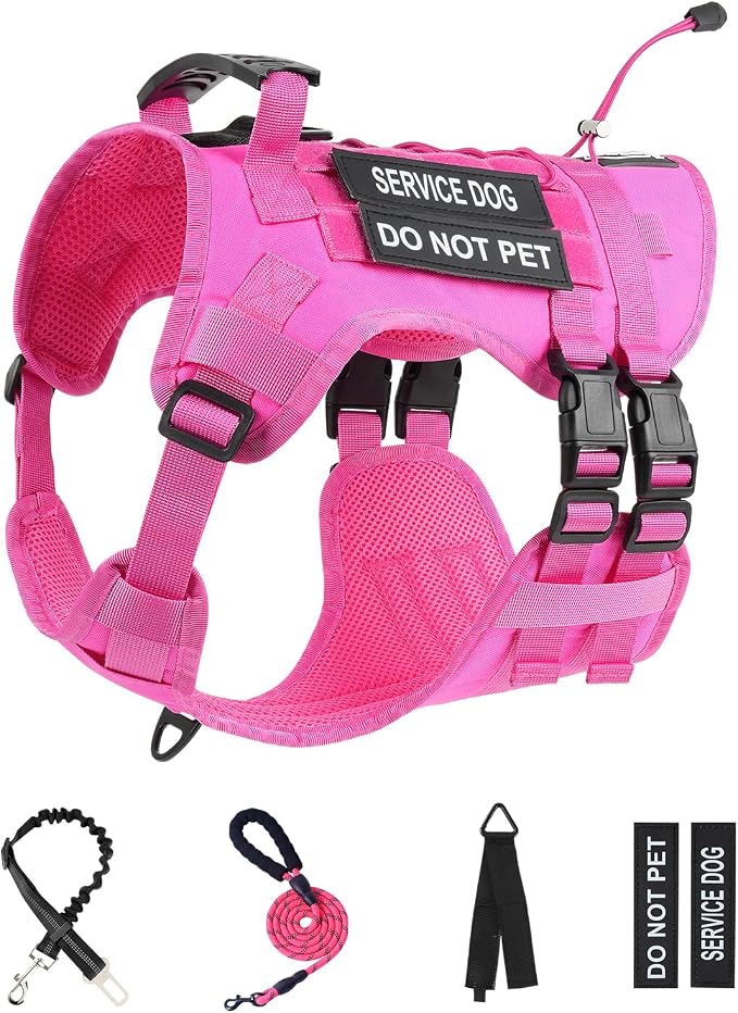 No Pull Tactical Dog Harness for Large Dogs, Service Dog Vest, L, Pink | Tactical Dog Vest Harness and Leash Set, Adjustable Military Service Dog Harness with Handle for Medium Large Dogs