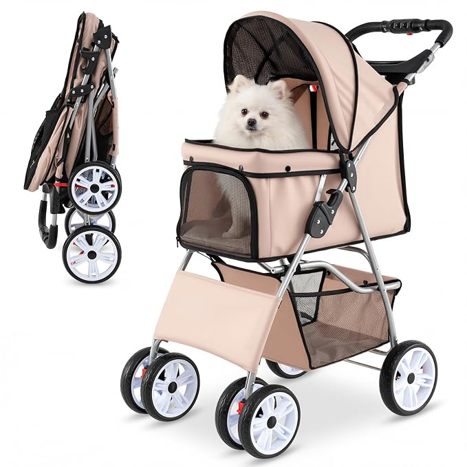 PETSITE 4 Wheels Pet Stroller, Foldable Dog Strollers for Small Dogs with Breathable Mesh, Waterproof Cover, Storage Basket, and Cup Holders, Ideal for Dogs Cats up to 33 lbs (Beige)
